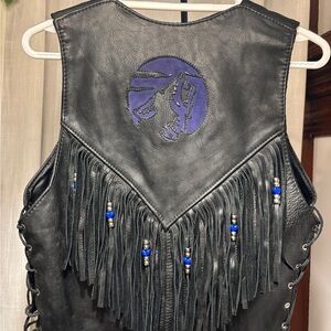 Authentic Black Leather Fringe Vest with Blue Beads and Wolf Embroidery